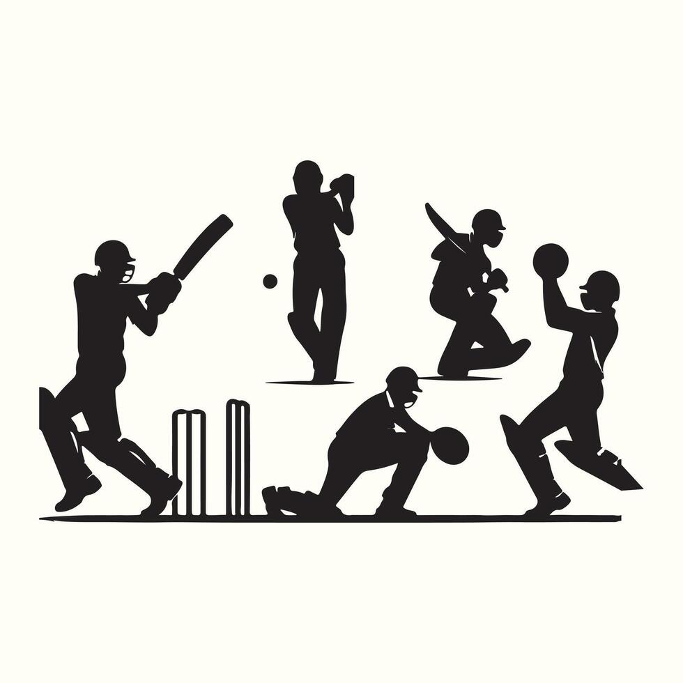 Silhouettes of cricket players in various positions vector