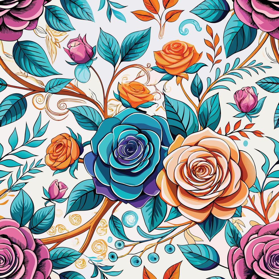 A colorful floral pattern with roses and leaves vector