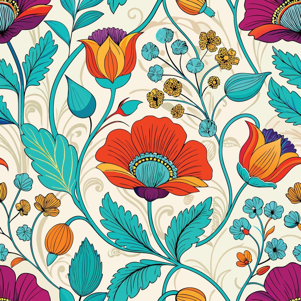 A colorful floral pattern with flowers and leaves vector