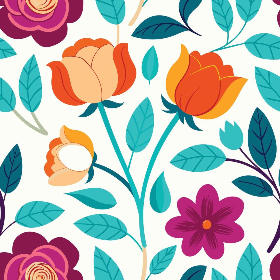 Seamless floral pattern with colorful flowers and leaves vector