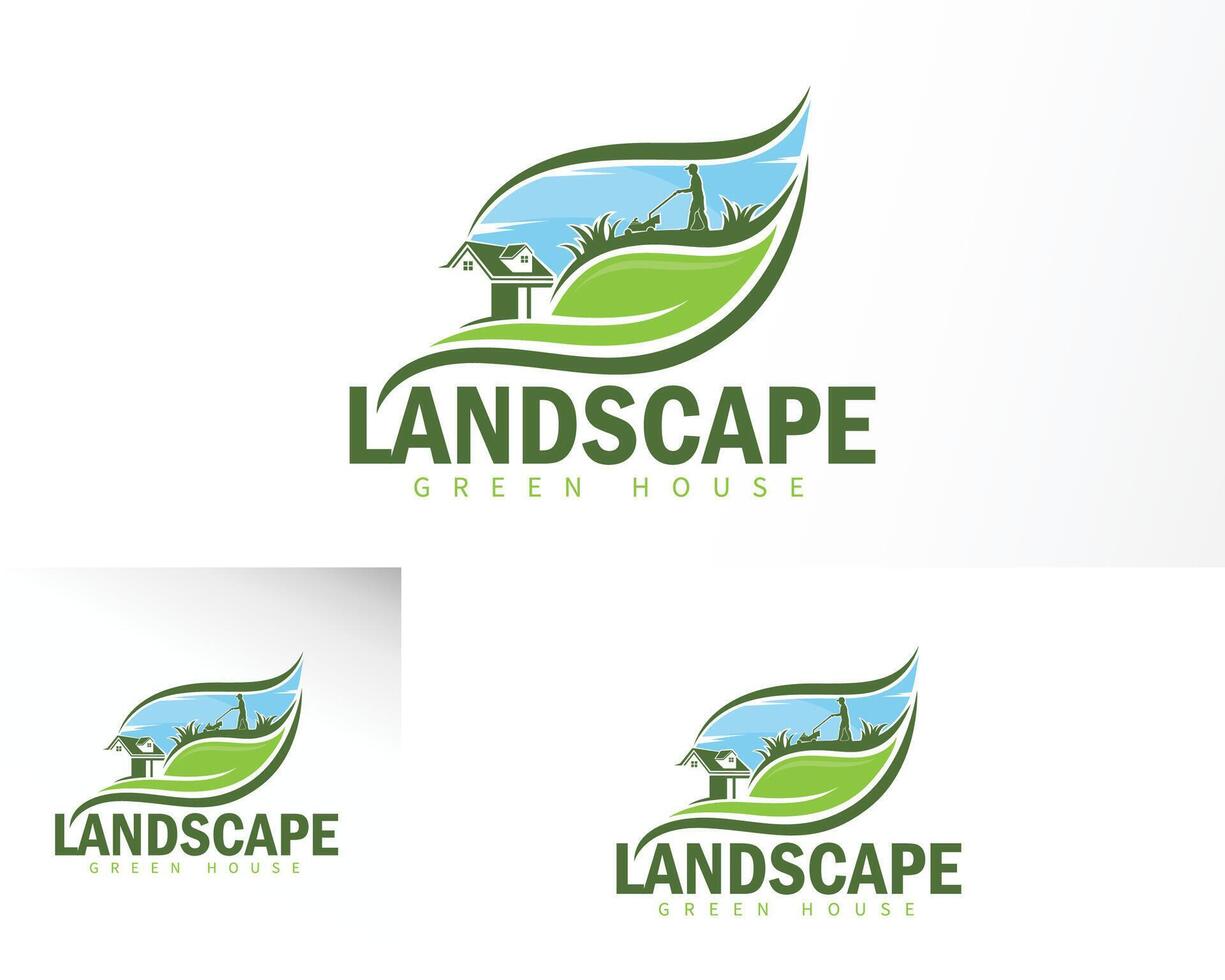 landscape logo green design concept lawn mower sun forest vector