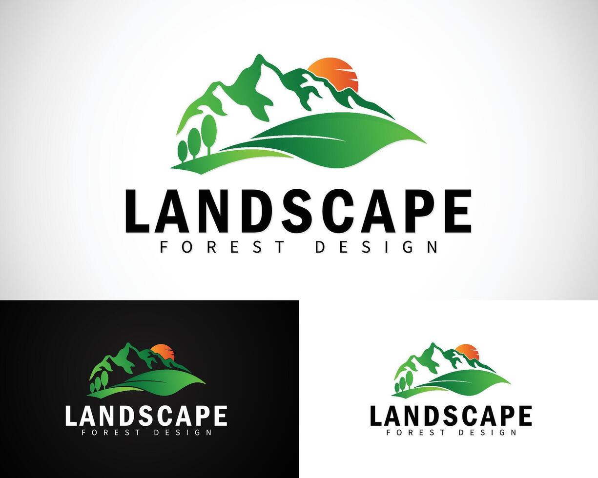 landscape logo creative design concept mountain forest nature pine sun vector