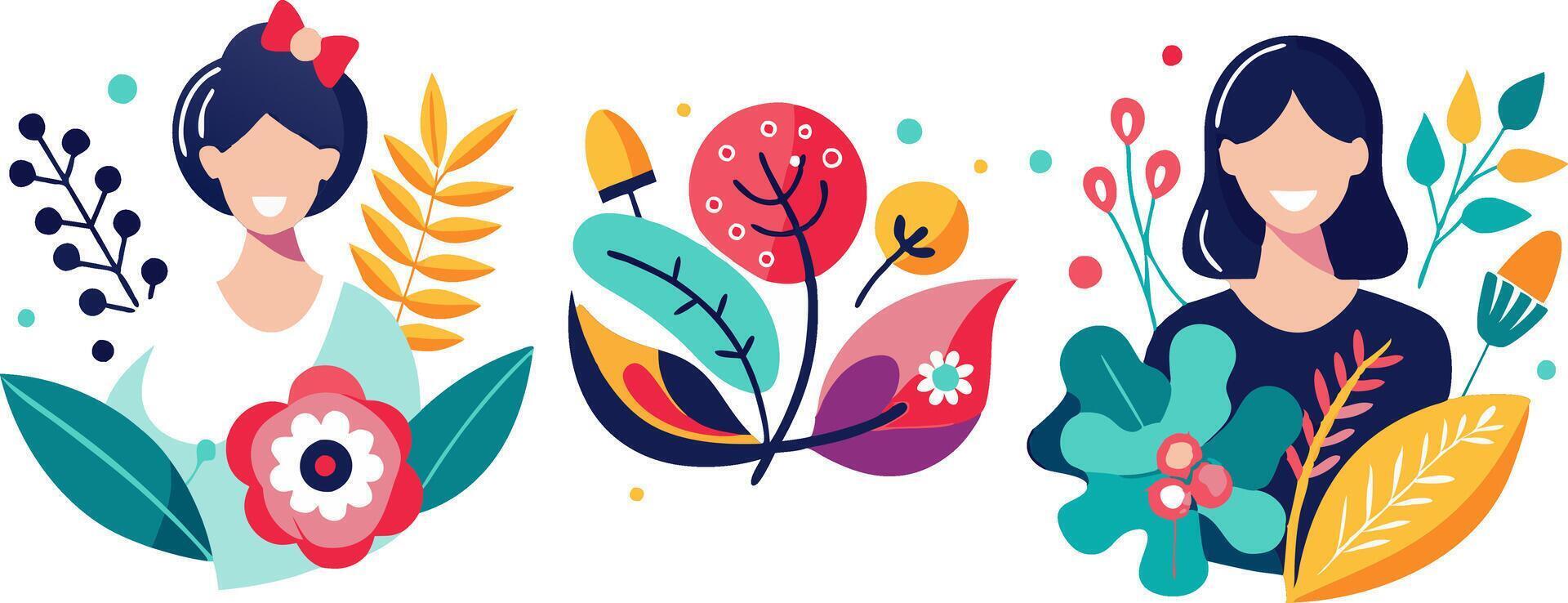 Three women with flowers and leaves vector