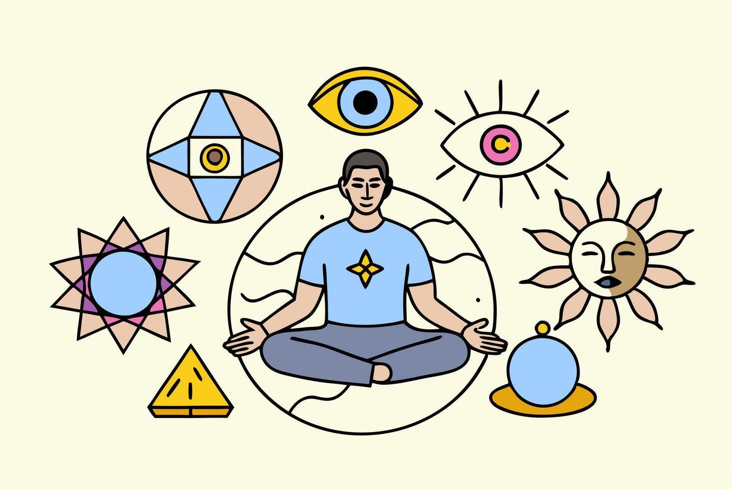 Man meditating with various symbols around him vector