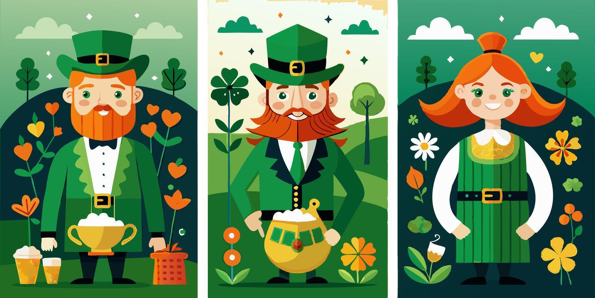 Three st patricks day banners with a man and woman vector