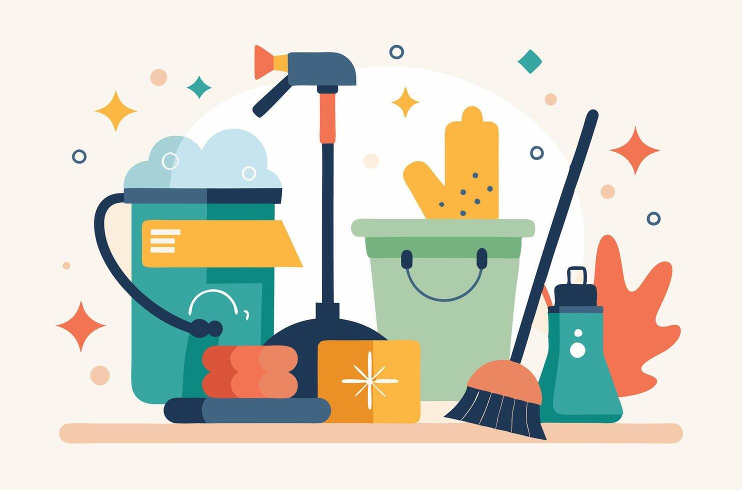 Cleaning supplies and tools are arranged in a flat design vector