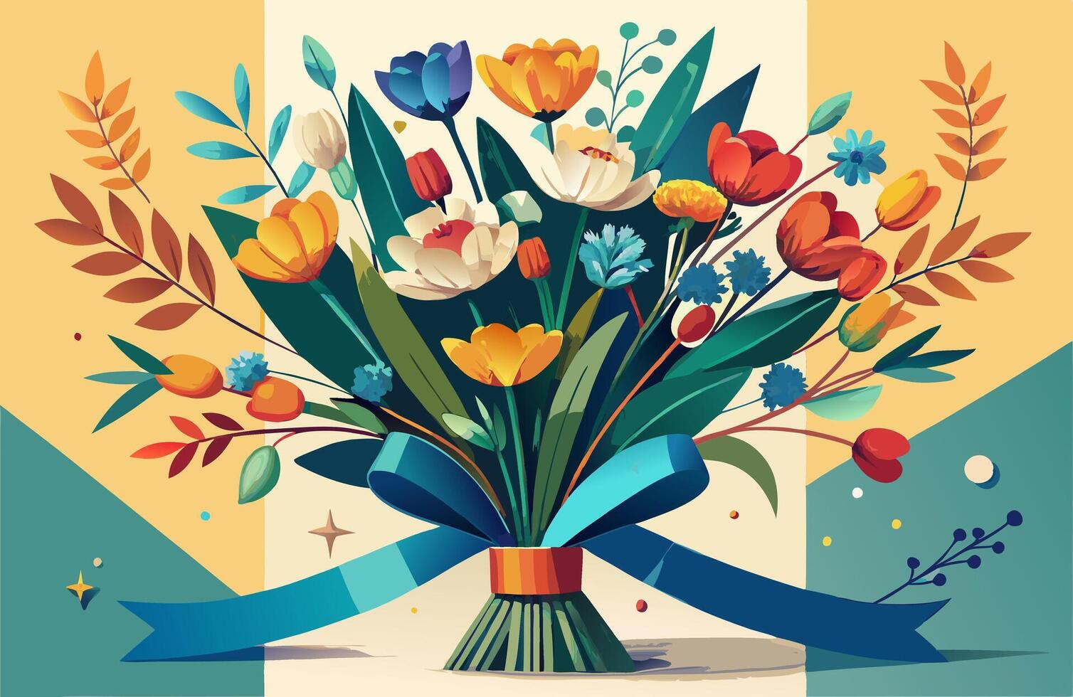 A bouquet of flowers with a ribbon on a yellow background vector