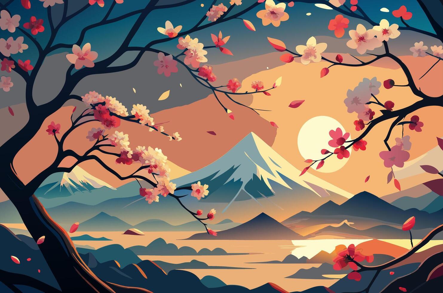 An illustration of a mountain and cherry blossoms vector