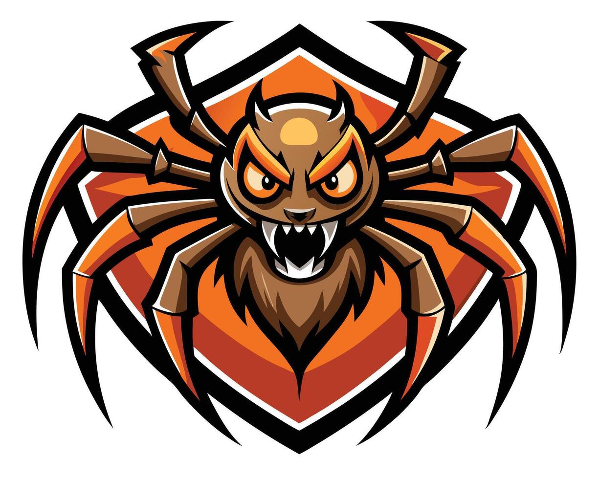 An orange and black spider mascot with big fangs vector