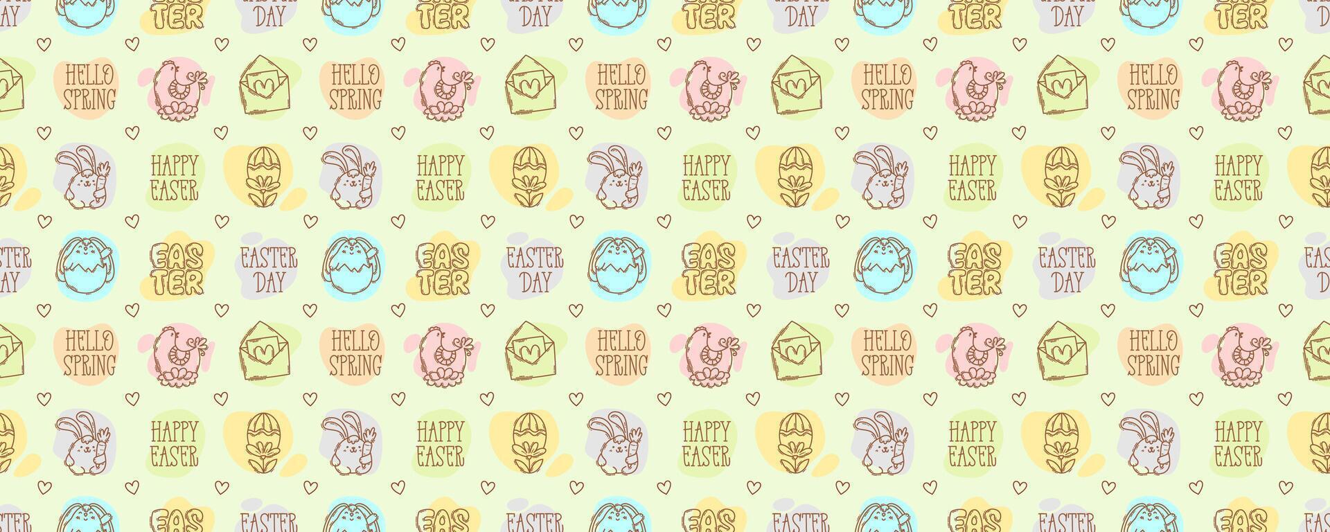 Easter season doodle style icons and quotes seamless pattern, hand-drawn spring hunt theme background vector