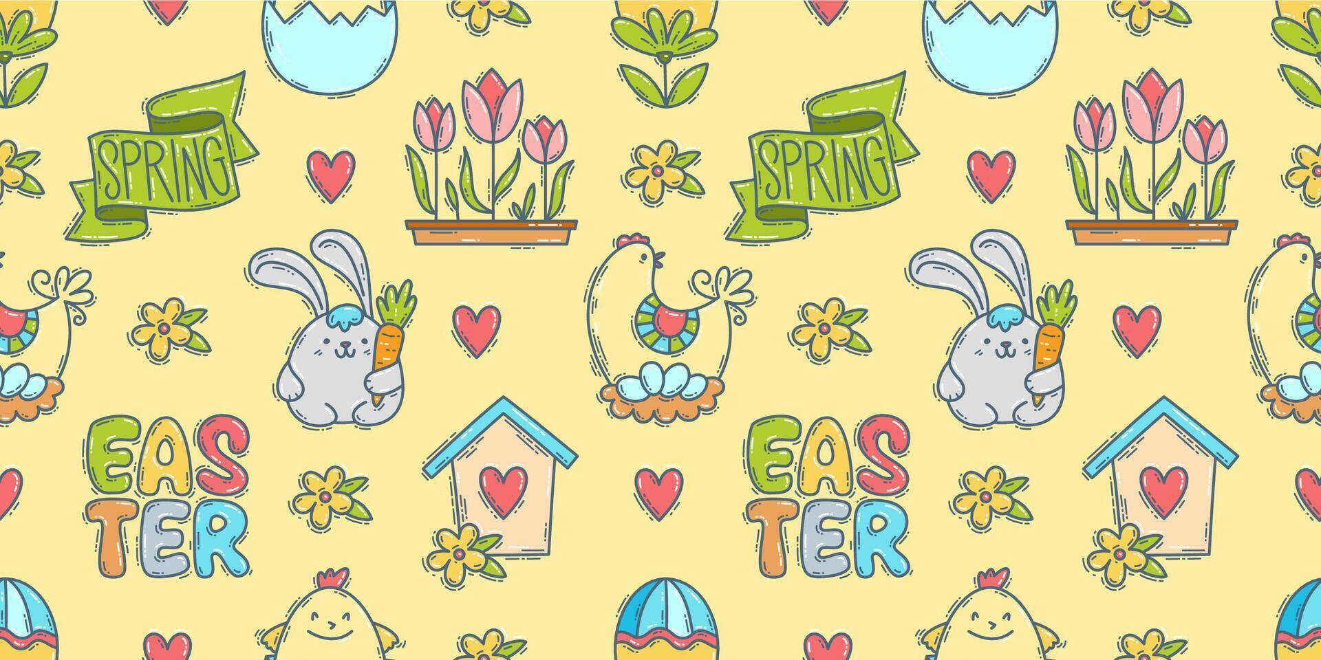 Easter doodle icons seamless pattern, hand-drawn spring hunt season theme background, cute collection. vector