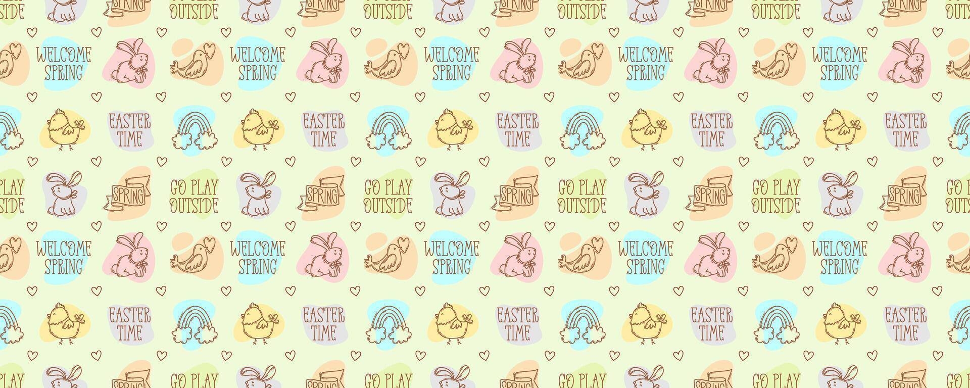 Easter season doodle style icons and quotes seamless pattern, hand-drawn spring hunt theme background, cute symbols elements collection. vector