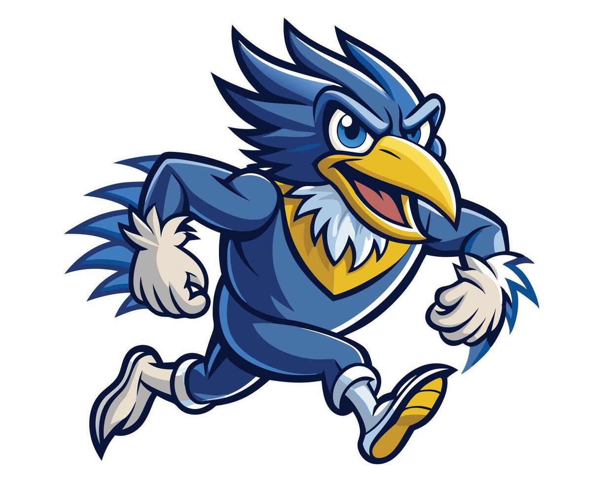 A blue and yellow bird mascot running vector