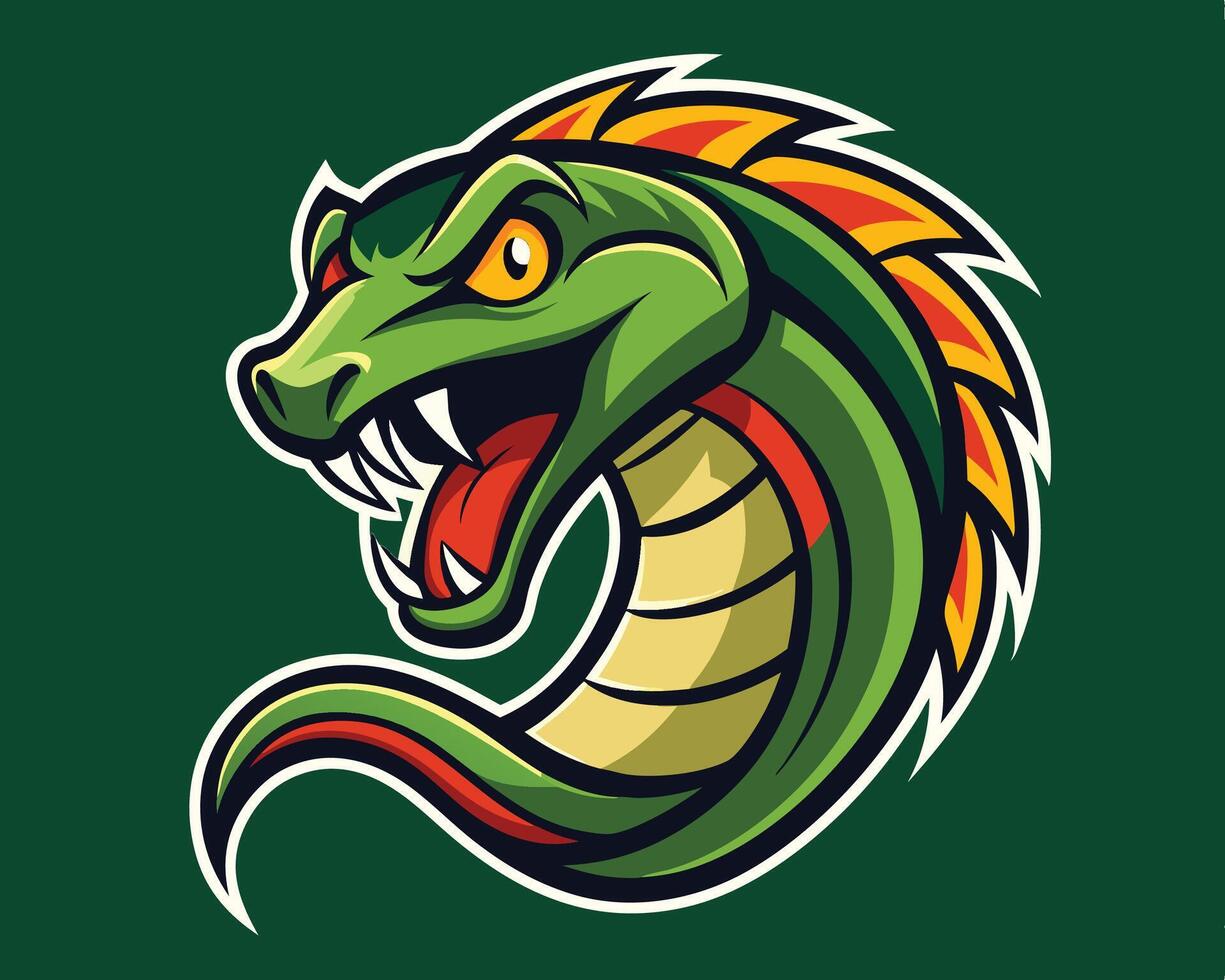 A green snake head with a yellow and orange tail vector