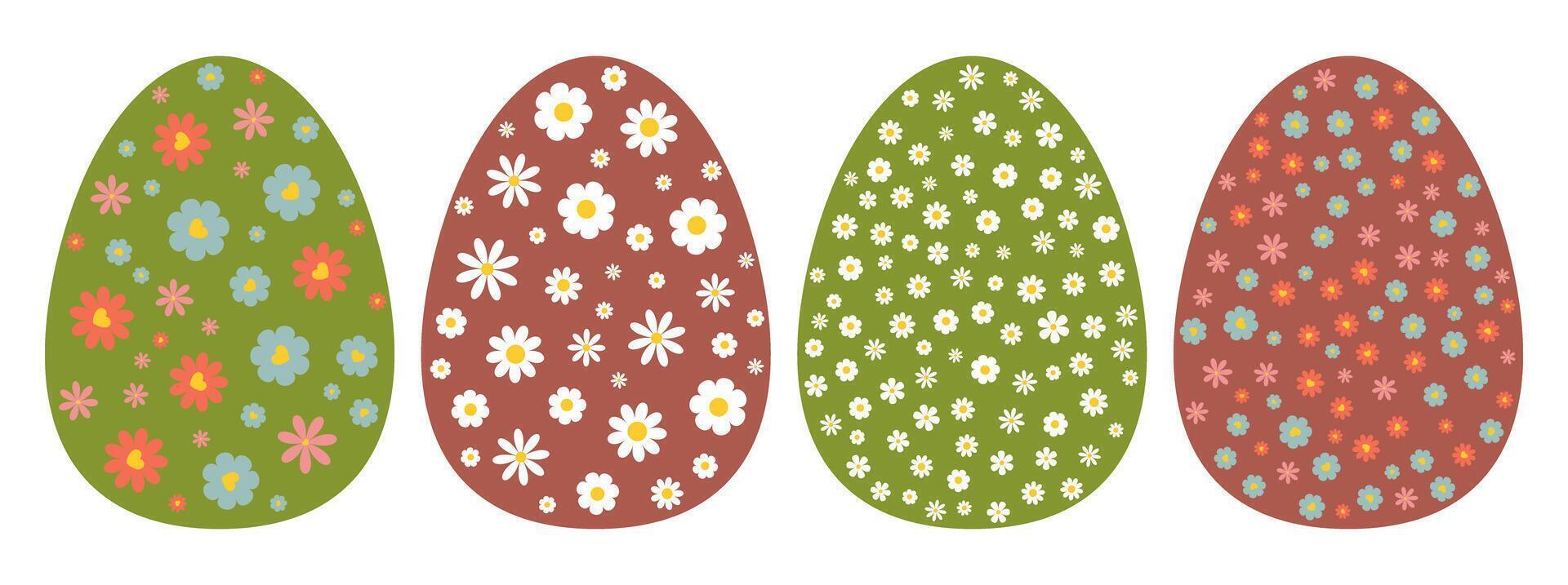 Set of four Easter eggs with floral patterns, decorative spring holiday design with Daisy Chamomile and wildflower ornaments, illustration for greeting cards, prints, and digital use vector
