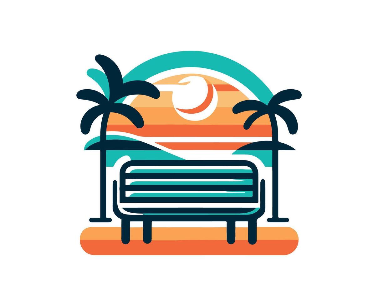 A beach bench with palm trees and the sun in the background vector