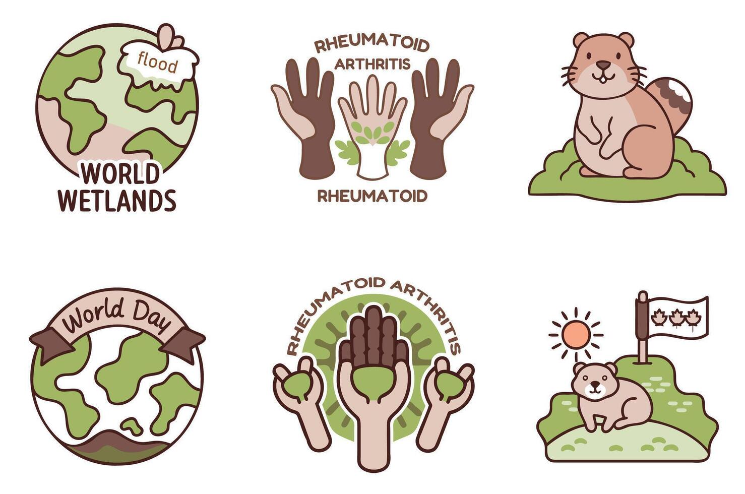 February Day Two, World Wetlands Day, Rheumatoid Arthritis Awareness Day, Groundhog Day vector