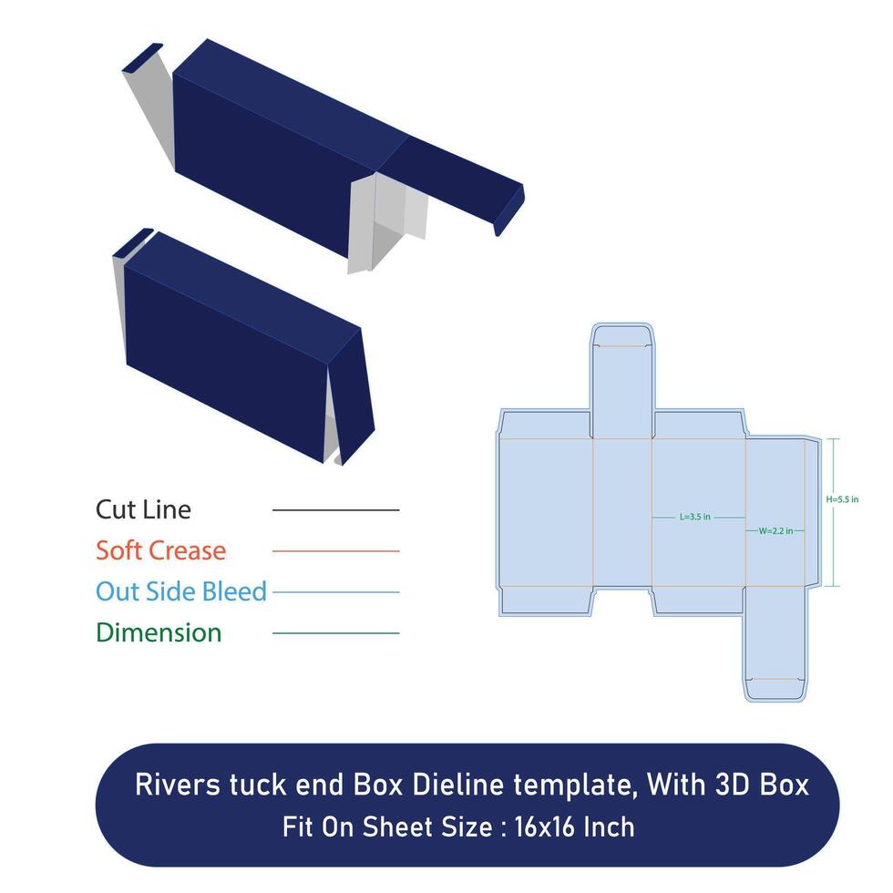 Rivers tuck end Box Die line template, And 3D Box, Size 3.5x22x55 inch vector