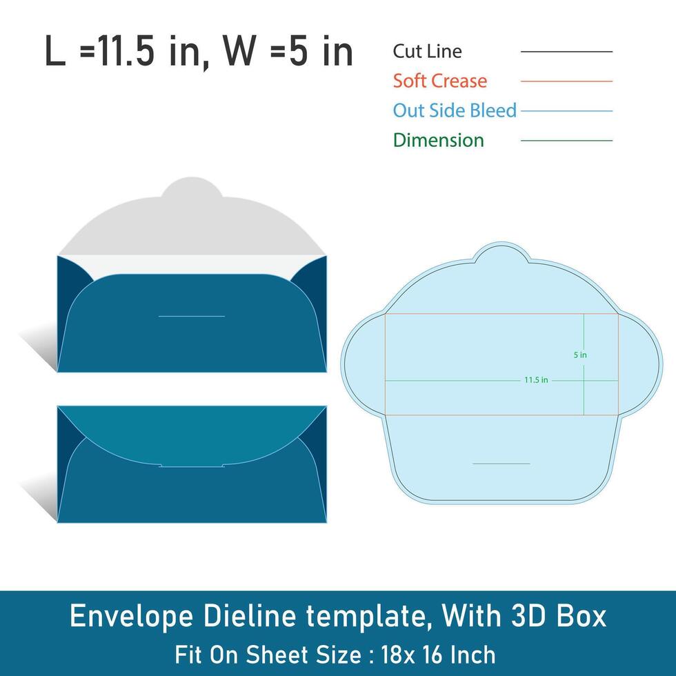Envelope Dieline template, With 3D Box, Size 11.5 x 5 in, File vector