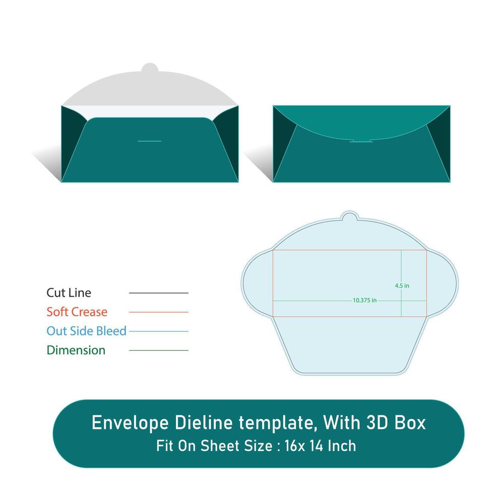 Envelope Dieline template, And 3D Box, Size 10.375 x 4.5, File vector