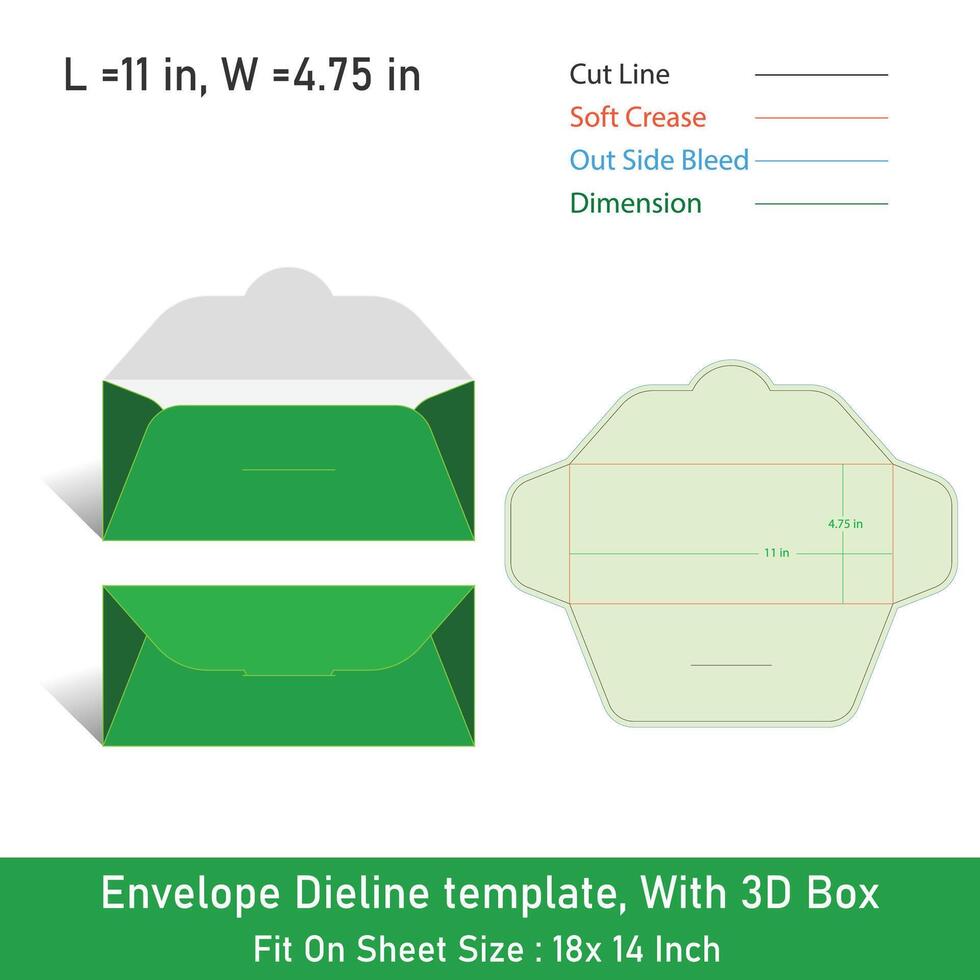 Envelope Dieline template, With 3D Box, Size 11 x 4.75, File vector