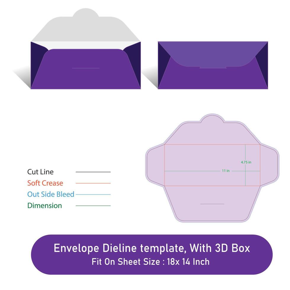 Envelope Dieline template, And 3D Box, Size 11 x 4.75, File vector