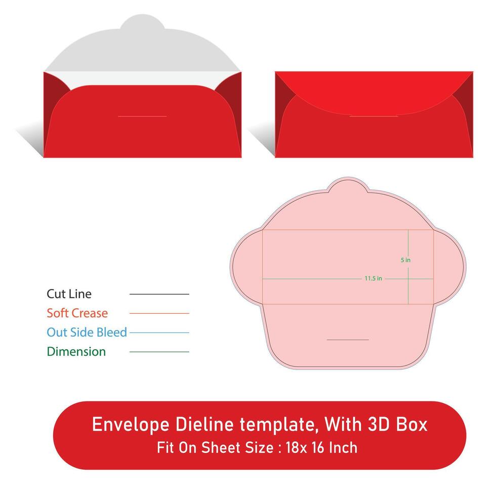 Envelope Dieline template, And 3D Box, Size 11.5 x 5 in, File vector