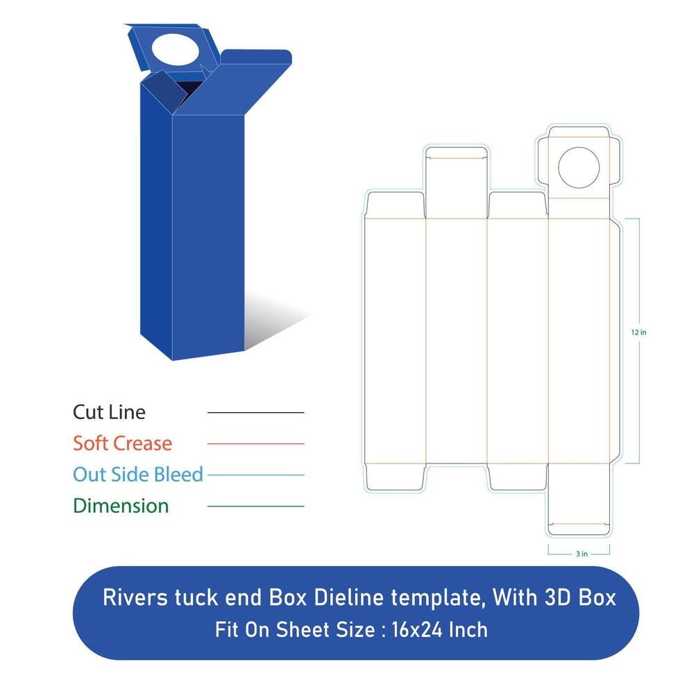 Rivers tuck end Box Dieline template, And 3D Box,Size 3x3x12 in, File vector