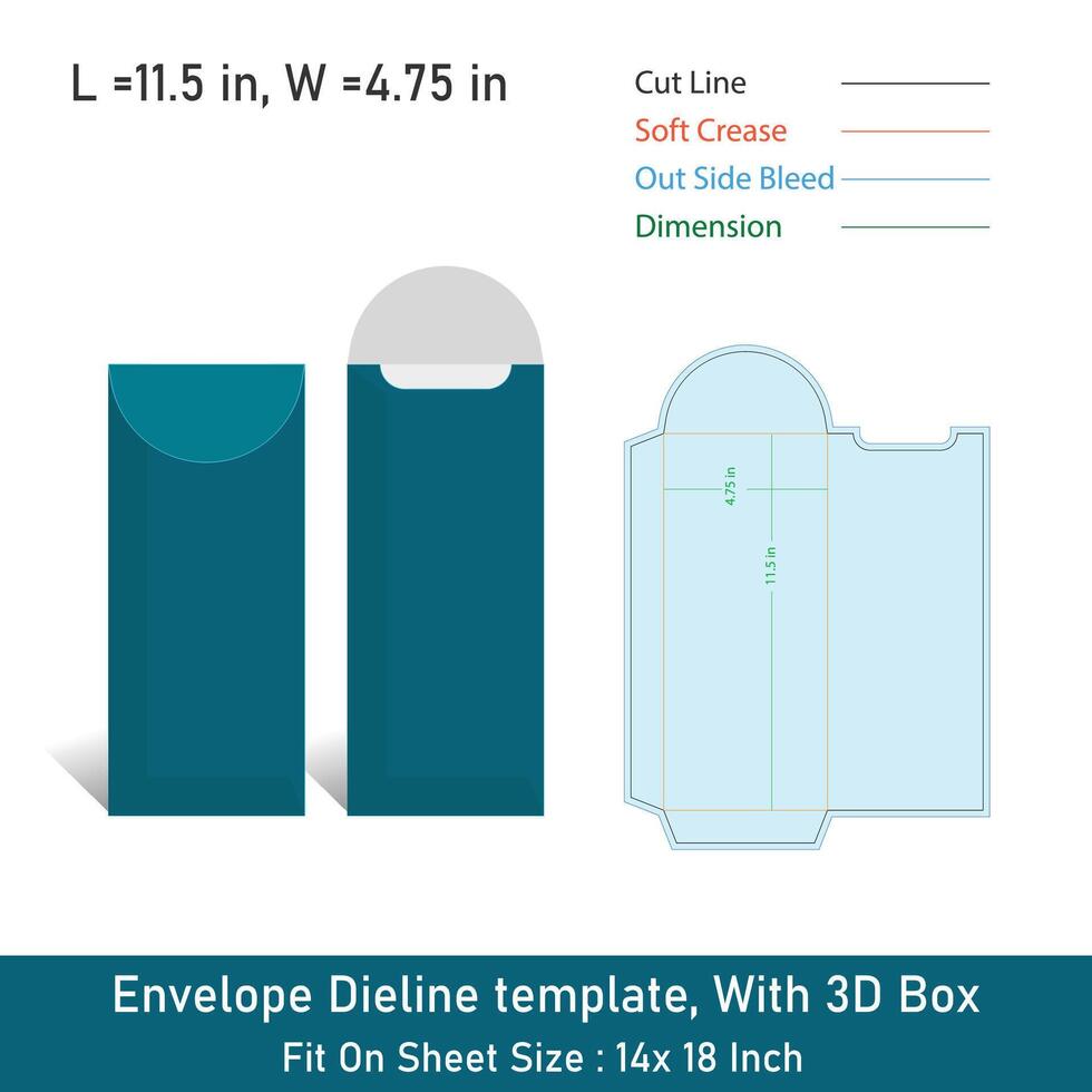 Envelope Size 11.5 x 4.75, Die line template, With 3D Box, File vector