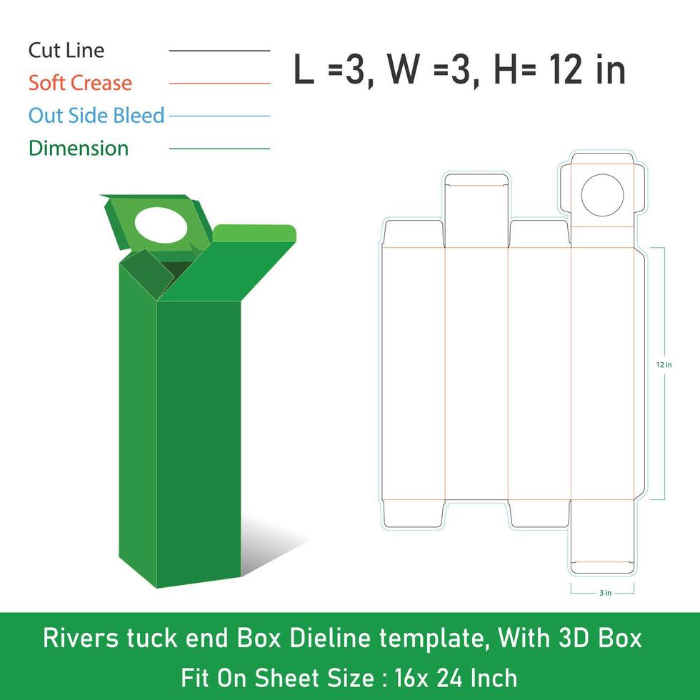 Rivers tuck end Box Dieline template, With 3D Box,Size 3x3x12 in, File vector