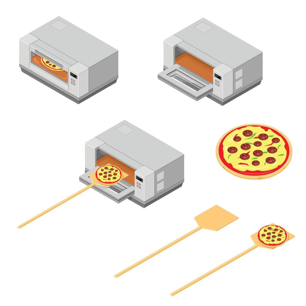 Italian Cuisine Pizza Cooking Preparation Hot Oven - Isometric Icon Illustration Color vector