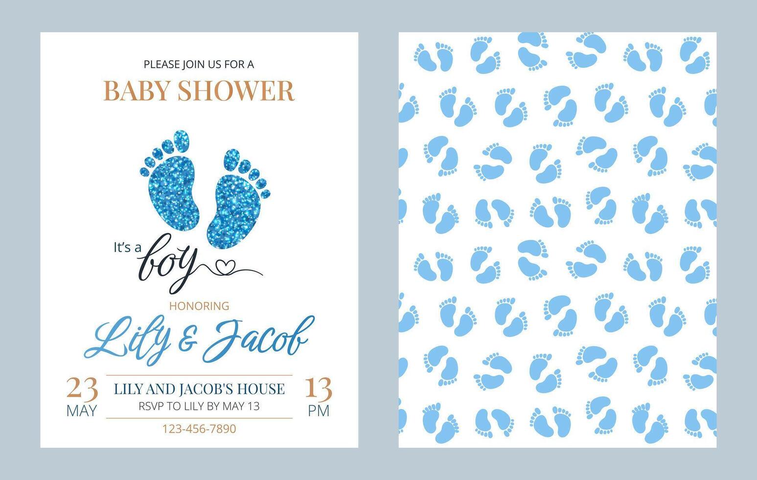 Invitation card set for a baby shower, birthday, or gender reveal party. It's a Boy. Isolated vertical postcard templates with footprints, glitter, text and pattern. vector