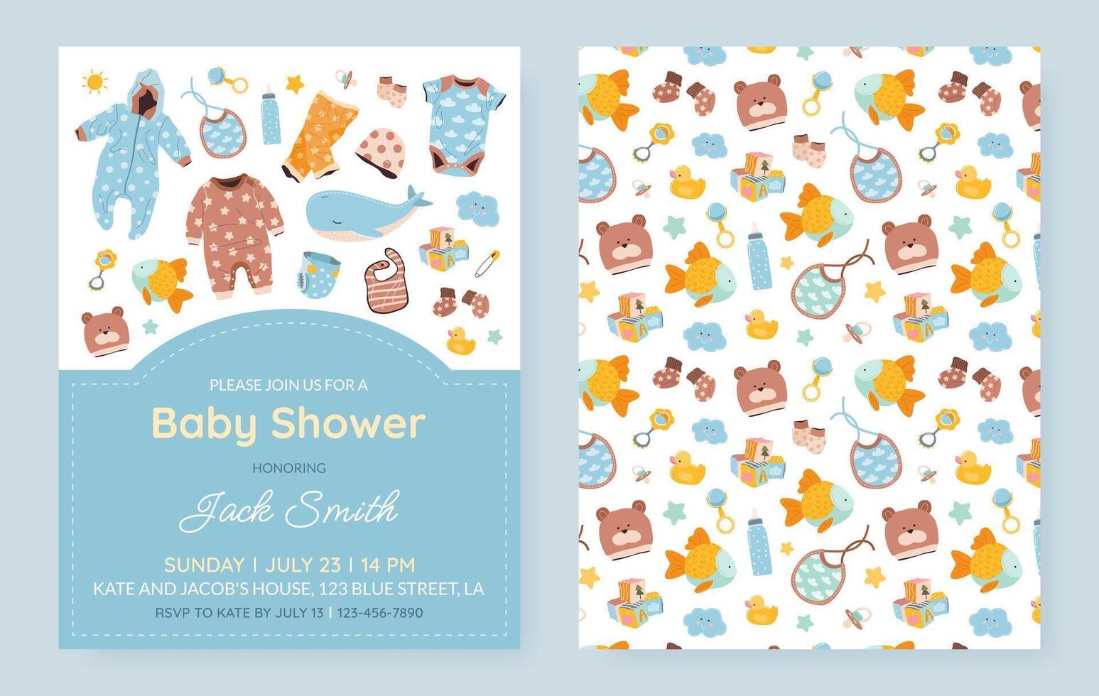 Set of vertical invitation cards for a baby shower, birthday, or gender reveal party. It's a Boy. Isolated postcard templates with baby essentials, text and pattern. vector