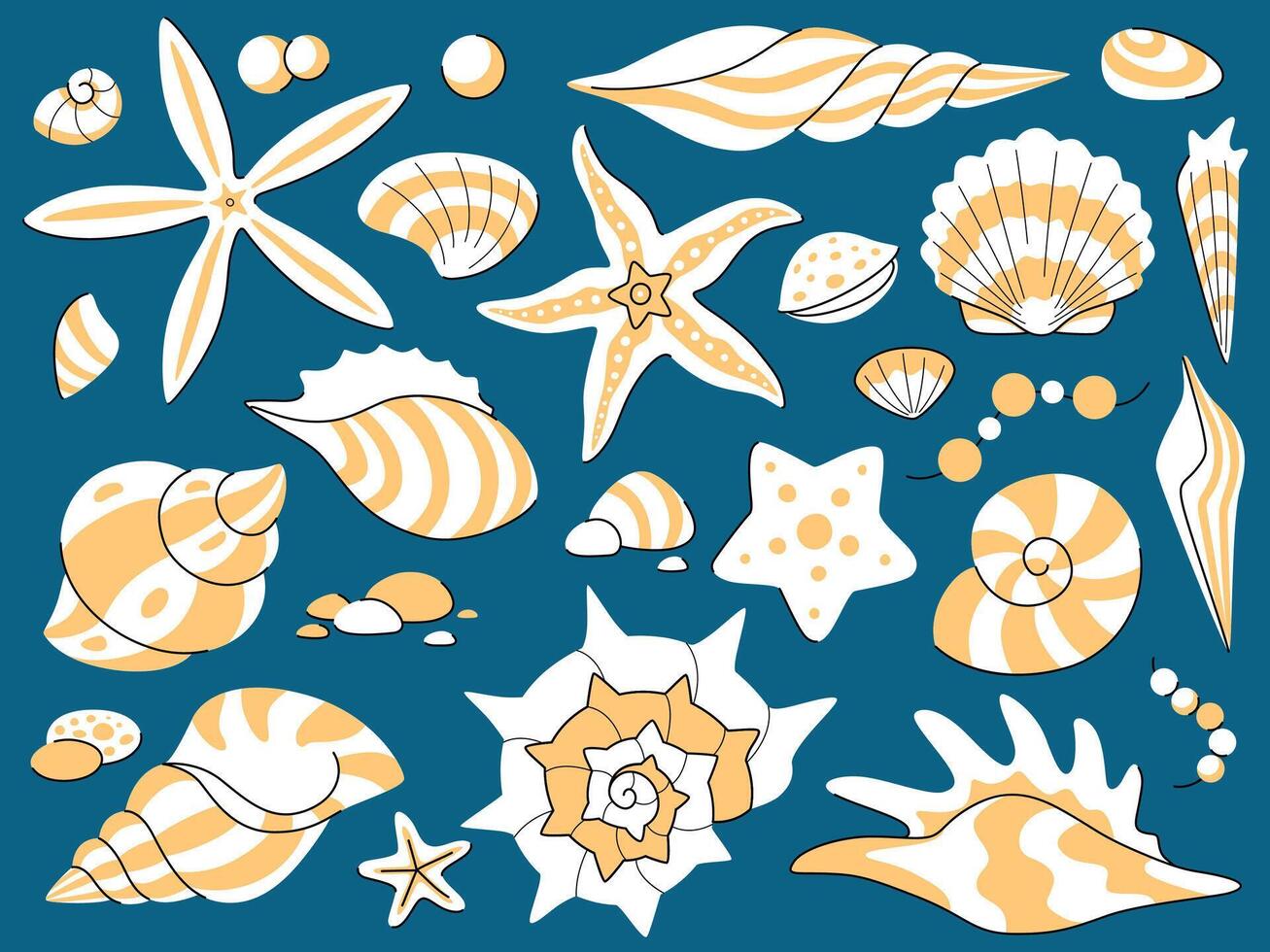 Cartoon set of sea shells. White and gold mollusks on blue background. vector