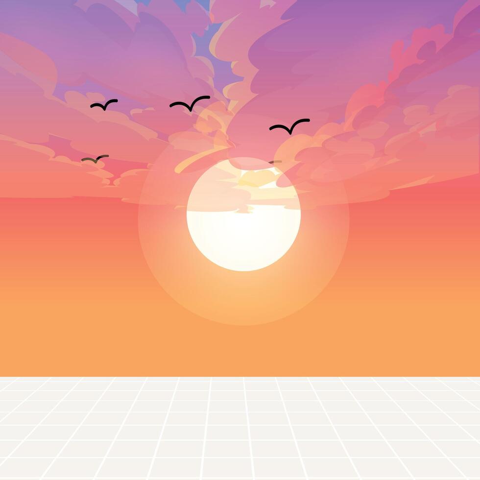Sunrise in ocean nature landscape with birds background art vector