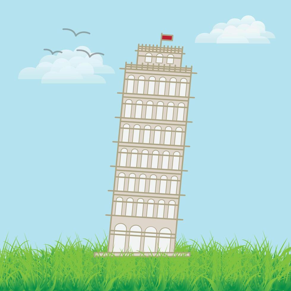 Leaning tower of Pisa landscape grass and blue sky, illustration design art vector