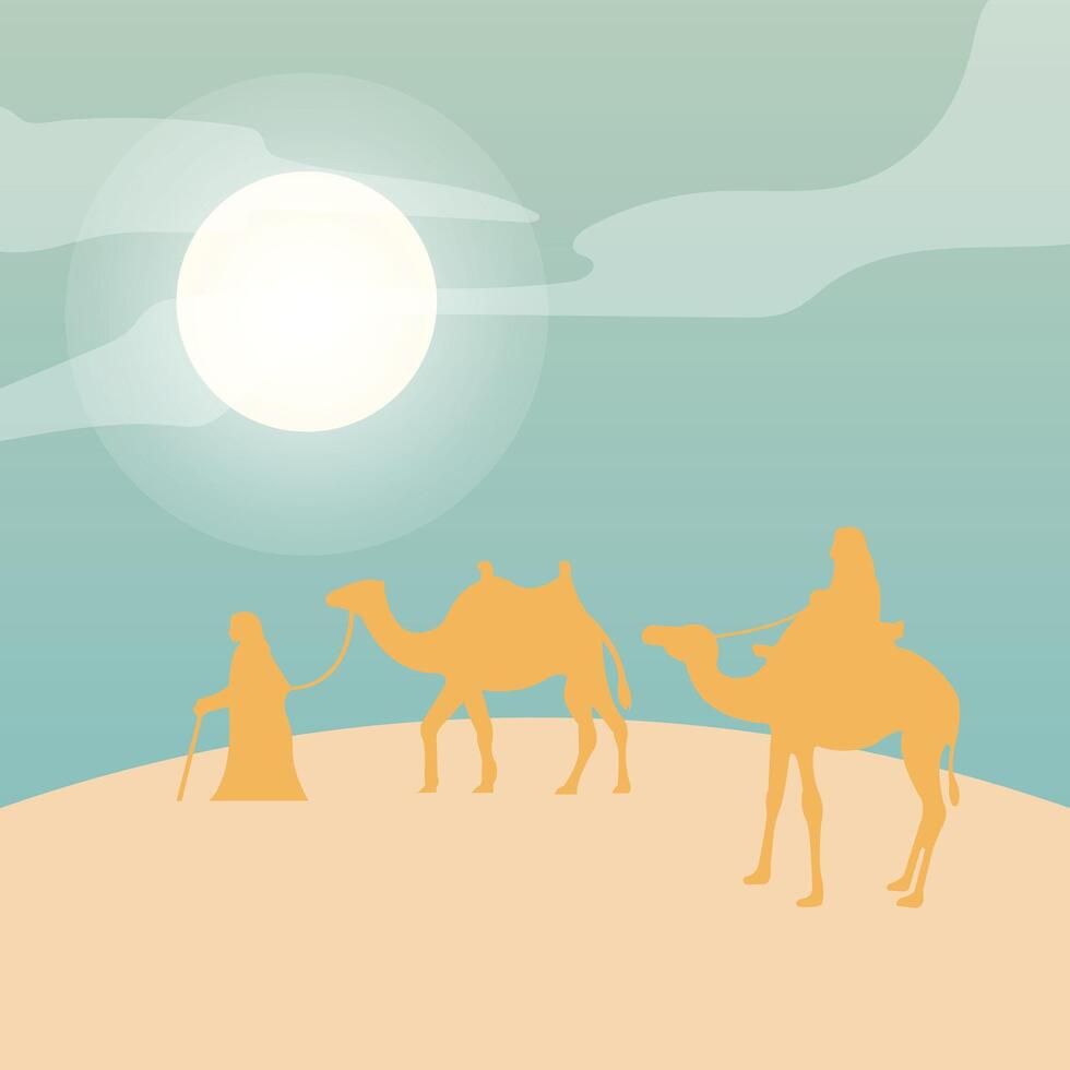 Camels walking through desert template Arabic landscape horizontal illustration vector
