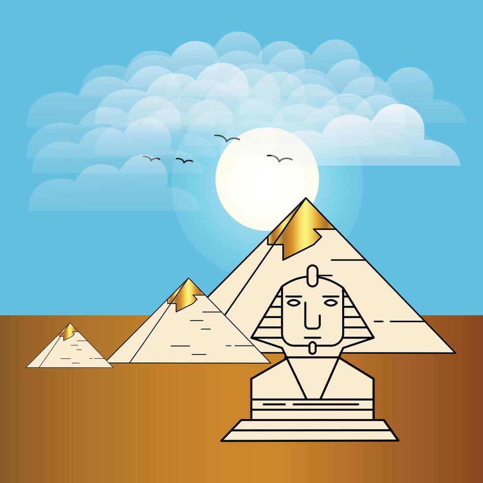 Giza ancient Egyptian pyramids, camels, sunset birds in clouds with blue background, illustration art vector