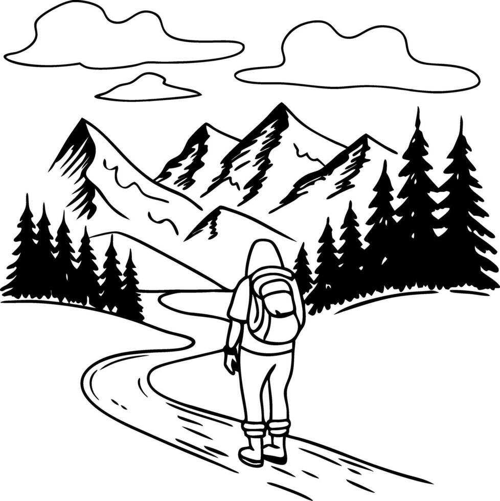 Adventurous Hiker in Mountainous Landscape Art for Outdoor Enthusiasts vector