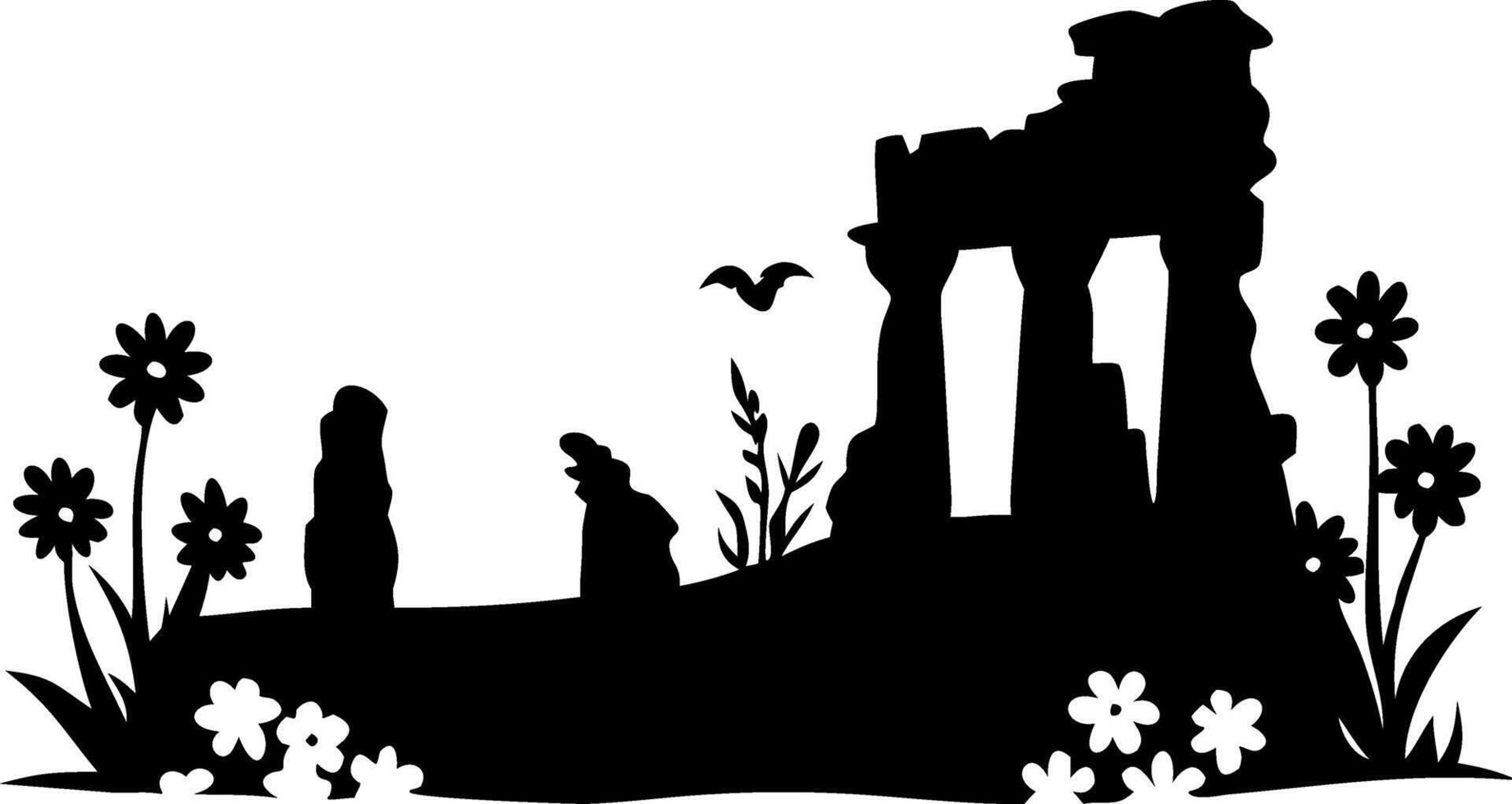 Ancient Ruins Silhouette with Flowers and Bird for Art and Illustration vector