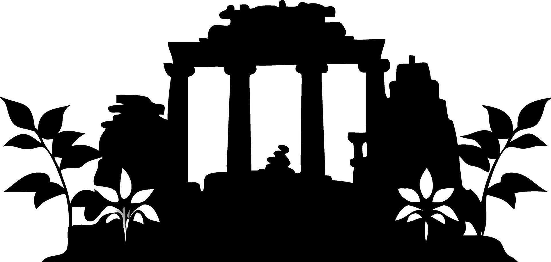 Ancient Temple Silhouette with Tropical Plants Design vector