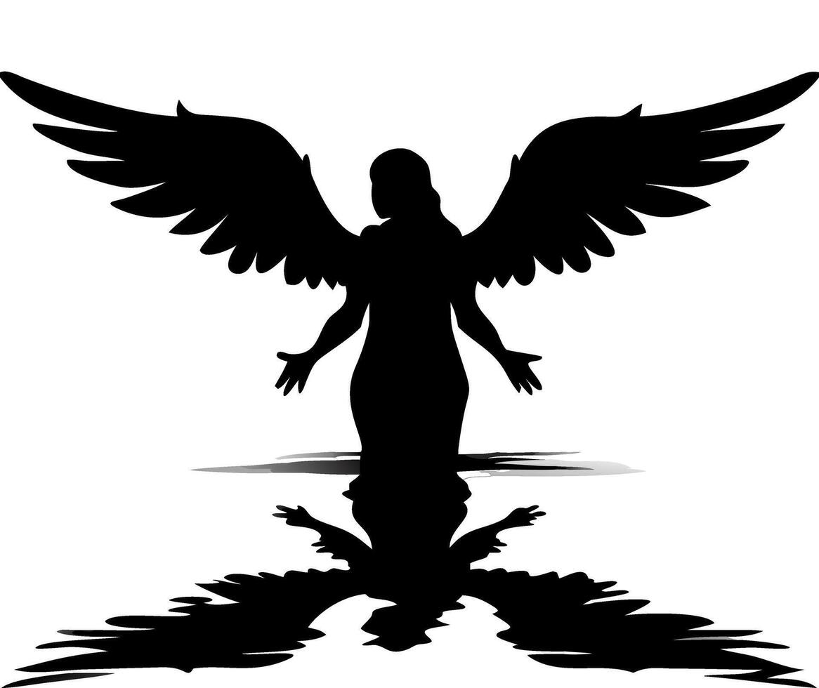 Angel Silhouette with Wings Reflecting in Water Art Ideal for Tattoos and Design Projects vector