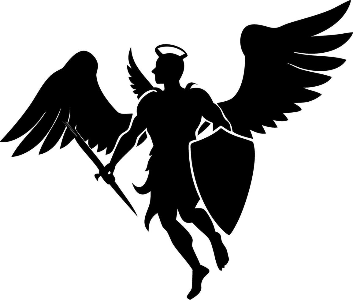 Angel Warrior Silhouette with Wings Sword and Shield for Tattoo or Logo Design vector