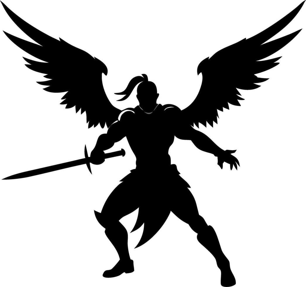 Angelic Warrior Silhouette Art Perfect for Fantasy Projects and Tattoos vector
