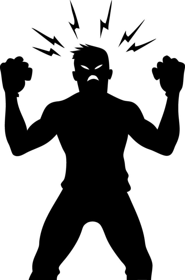 Angry Silhouette Man with Raised Fists and Lightning Bolts for Comic Illustrations vector