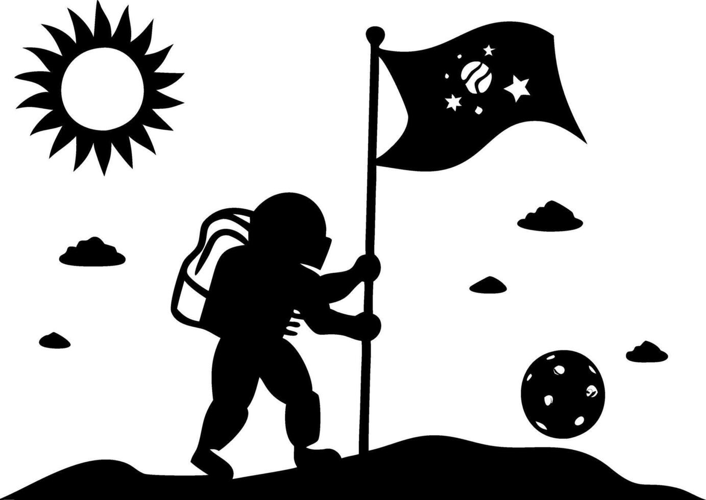 Astronaut Planting Flag on Cosmic Landscape for Space Illustrations vector