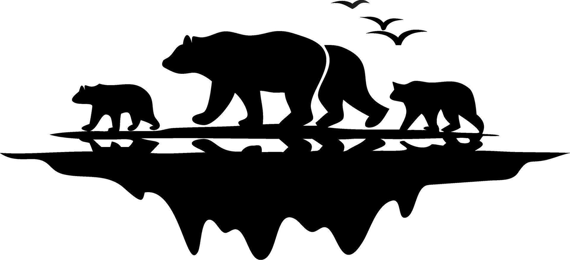 Bear Family Silhouette Walking on Cliff with Birds Illustration for Wall Art and Tattoos vector