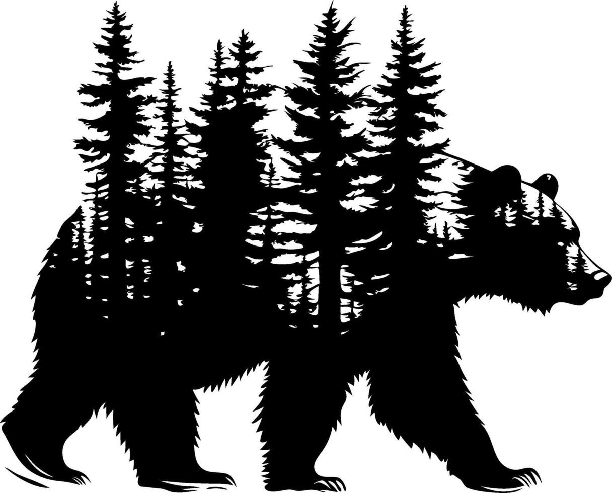 Bear Silhouette with Forest Overlay Nature for Art and Tattoos vector