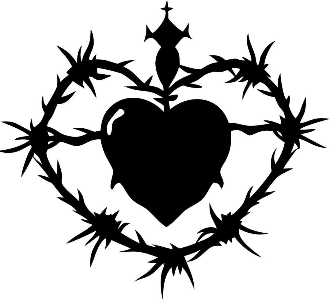 Black Heart with Barbed Wire Crown for Tattoo and Graphic Design vector