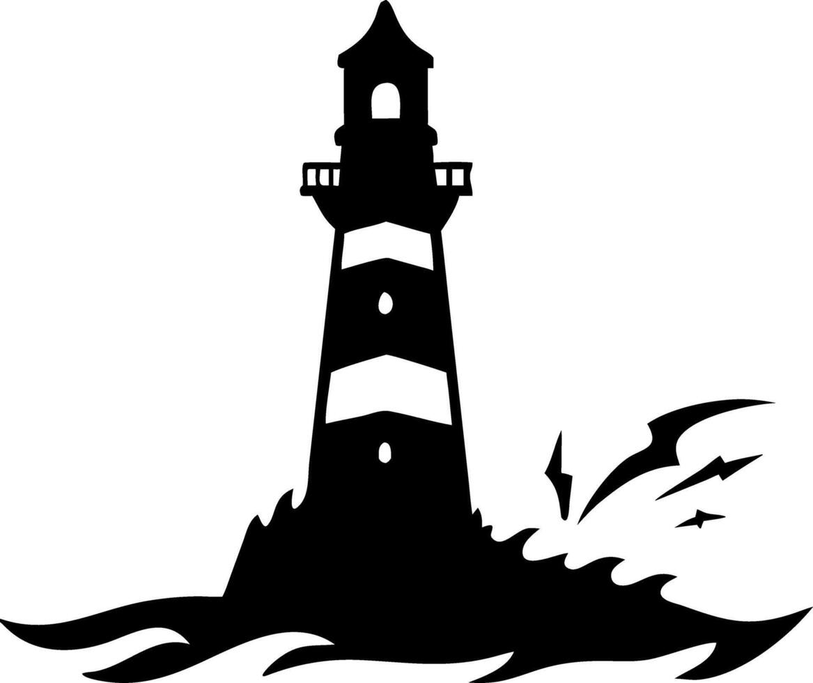 Black Silhouette Lighthouse on Rocky Coast for Nautical Tattoo or Wall Art vector